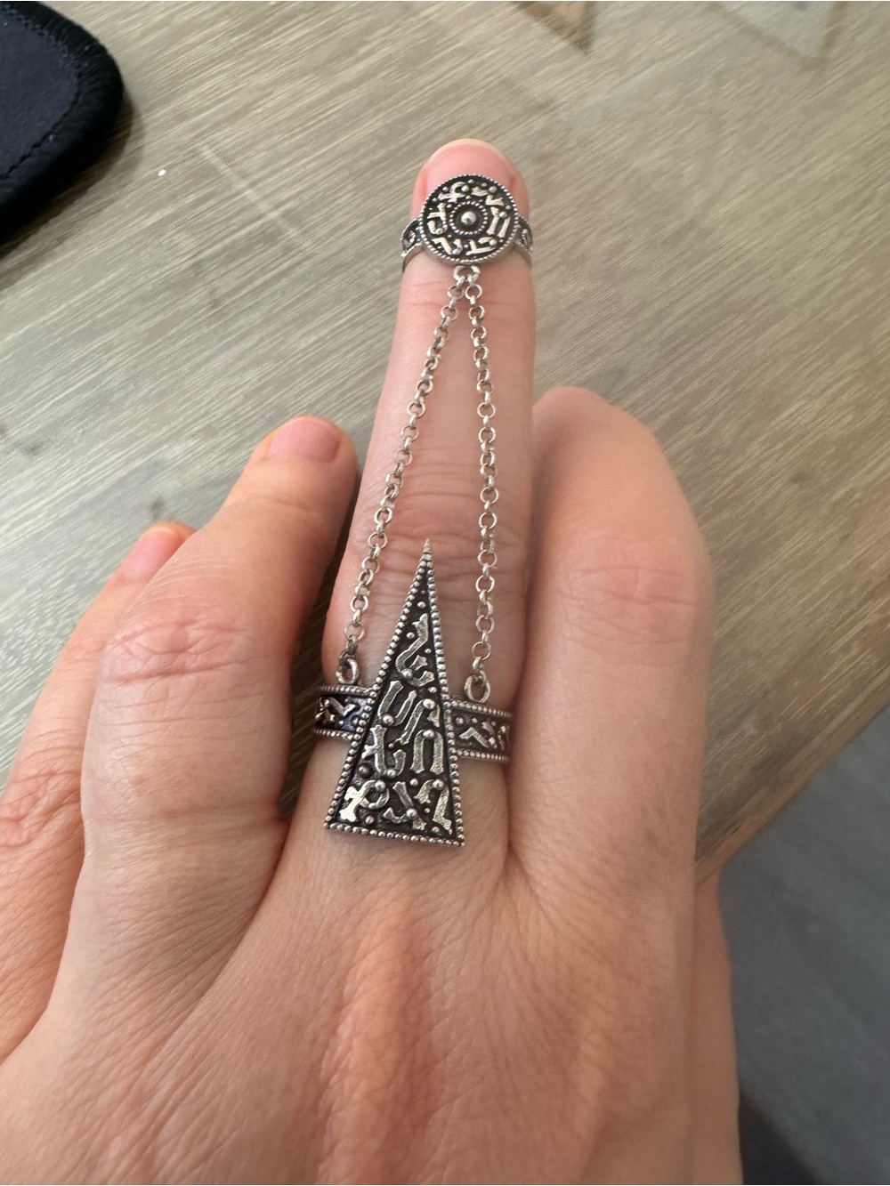 Boho Armenian AlphabetSterling Silver Double Ring with Filigree Triangle Pendant